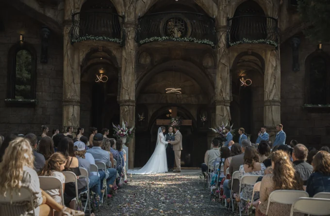 Outdoor wedding ceremony in front of the chapel with guests seated on both sides of the aisle
