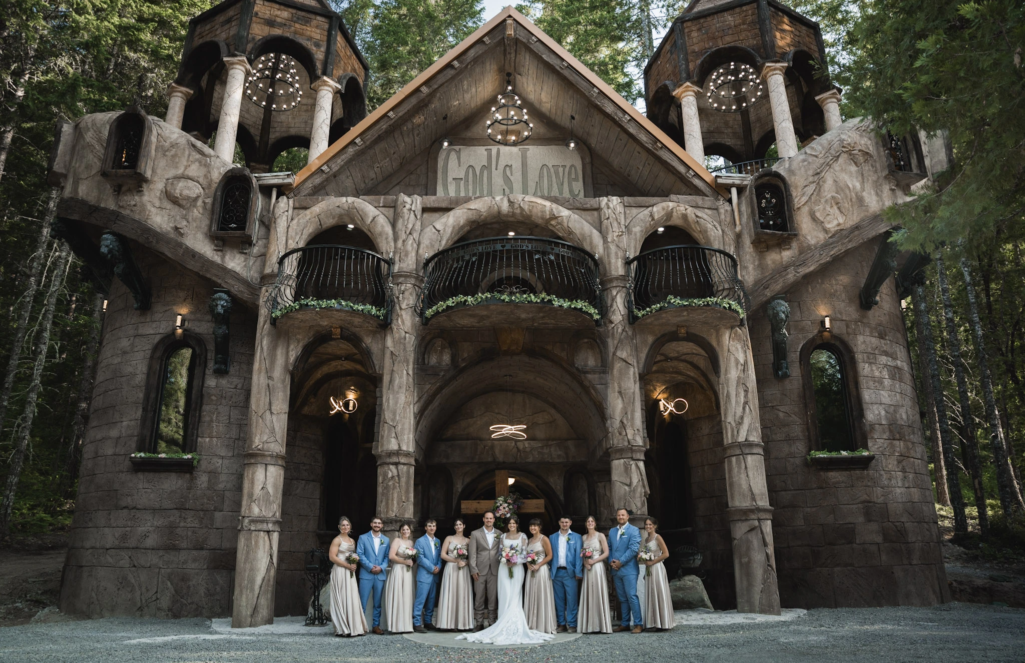 Living Springs cathedral chapel with a wedding party gathered outside